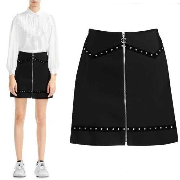 Maje Jimage Studded Velvet Trim Crepe Mini Skirt 4 36 Noir Aline Western - Picture 1 of 3